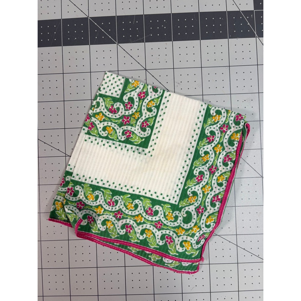 Vintage Floral Scroll Handkerchief Hankie Green Pink Yellow Cotton Pocket Square